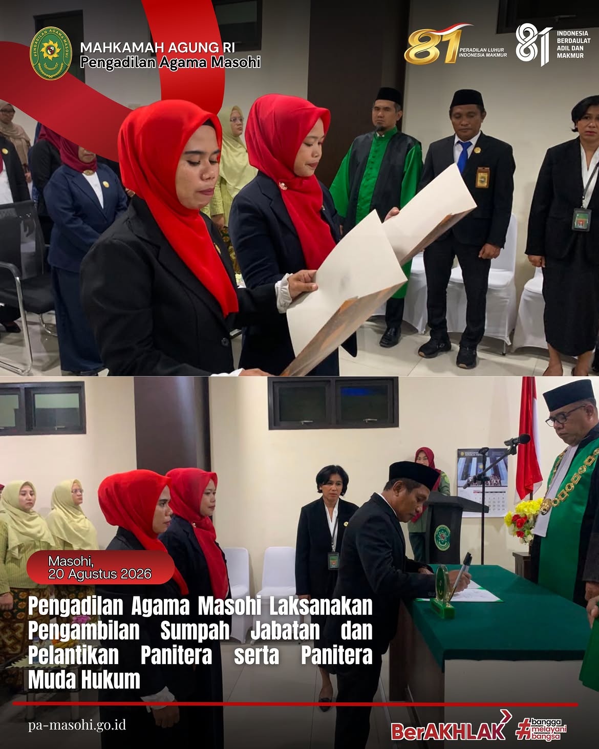 Masohi Pengadilan Agama Masohi Kelas II melaksanakan Pengambilan Sumpah Jabatan dan Pelantikan
